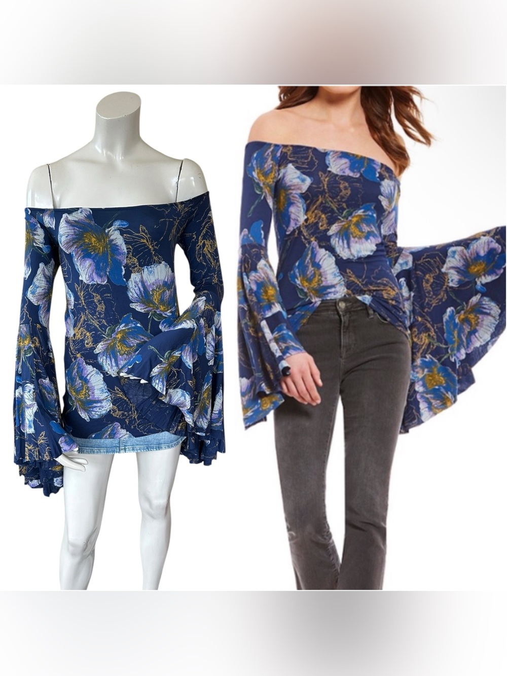 Free People We The Free Blue Floral Off Shoulder Bell Sleeve Blouse Size Medium